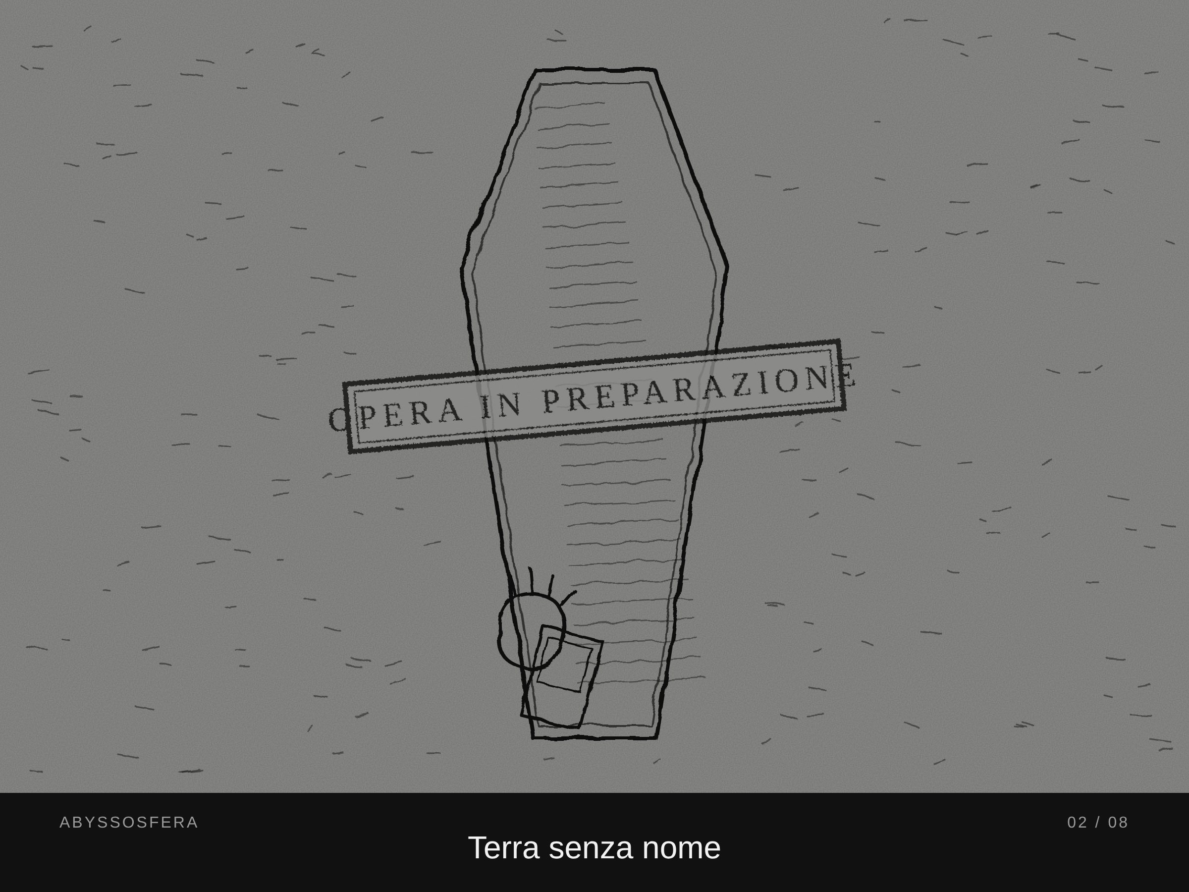 Bozza dell'opera «Terra senza nome» (opera in preparazione): una bara in un campo vuoto.